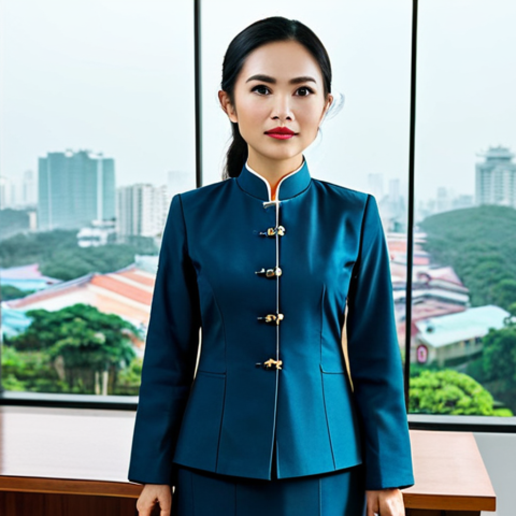**

"A Vietnamese businesswoman in a tailored ao dai, fully clothed, standing in a modern Ho Chi Minh City office with a panoramic view, appropriate attire, safe for work, perfect anatomy, correct proportions, natural pose, professional photography, high quality."

**