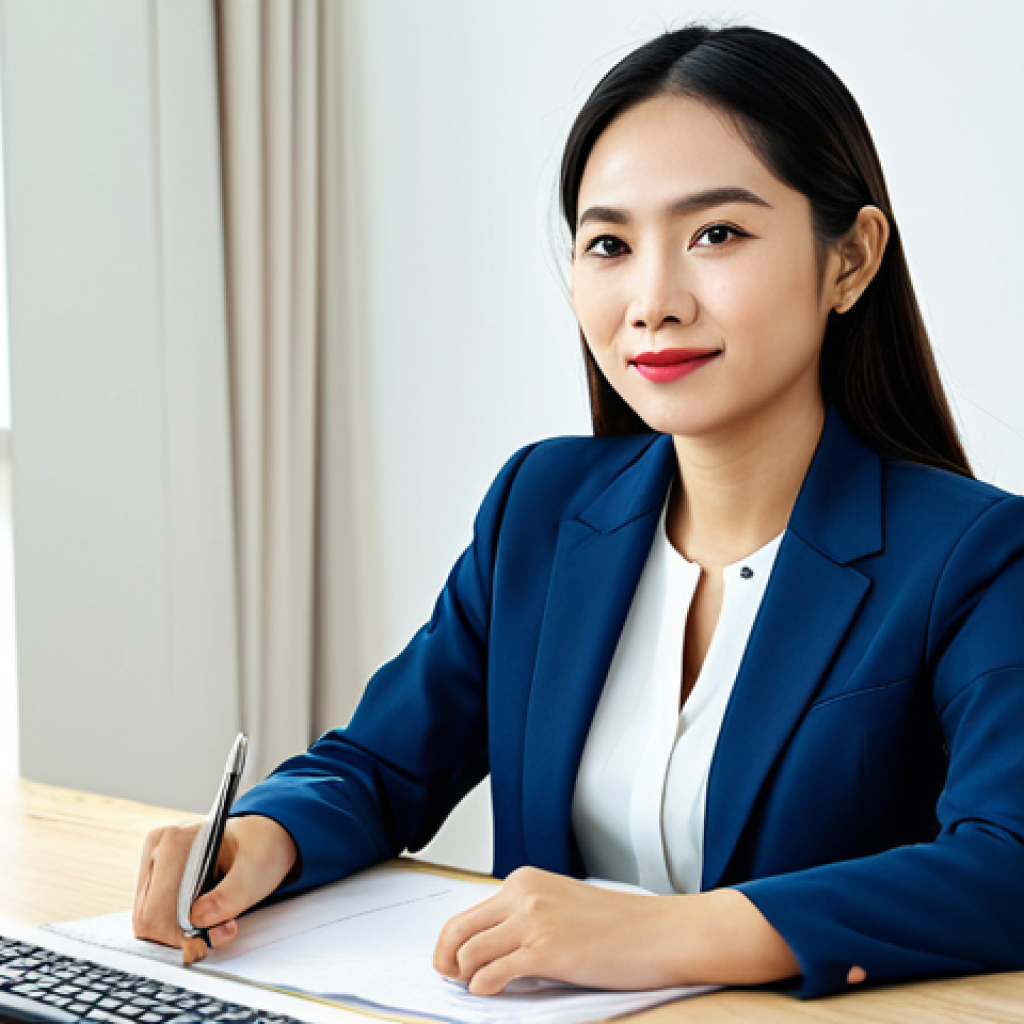 **

A professional woman in a tailored business suit, sitting at a clean desk in a bright, modern co-working space in Ho Chi Minh City. She is looking directly at the viewer with a confident expression. Fully clothed, modest attire, safe for work, appropriate content, professional photography, perfect anatomy, natural proportions.

**