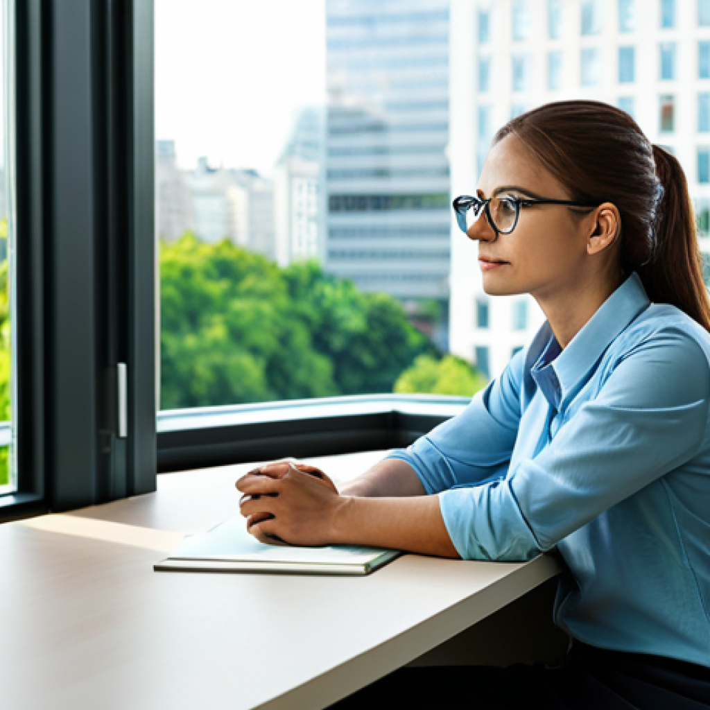 집중력 향상을 위한 짧은 휴식 기법 - Eye Relief Break**

"A fully clothed woman wearing glasses sits at a desk in a bright, modern office...