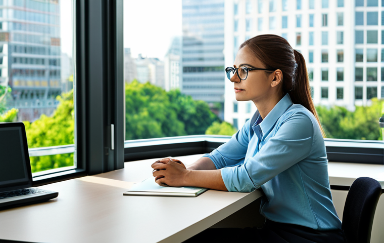 집중력 향상을 위한 짧은 휴식 기법 - Eye Relief Break**

"A fully clothed woman wearing glasses sits at a desk in a bright, modern office...