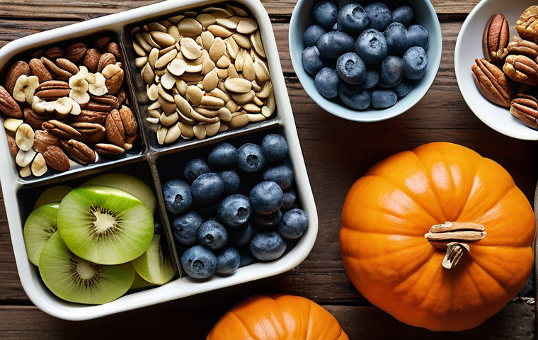 집중력 향상을 위한 건강한 간식 - **Prompt:** A vibrant, well-lit overhead shot of a clean, minimalist wooden desk in a home office se...