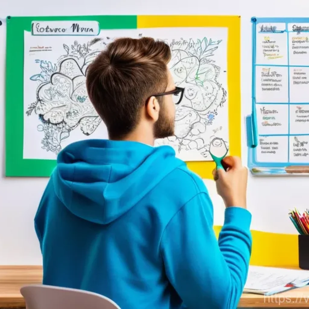 집중력을 높이는 시각적 기억 기법 - **Vibrant Mind Map Creation**
    "A bright, naturally lit studio space with a young adult (gender-n...