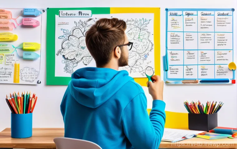 집중력을 높이는 시각적 기억 기법 - **Vibrant Mind Map Creation**
    "A bright, naturally lit studio space with a young adult (gender-n...