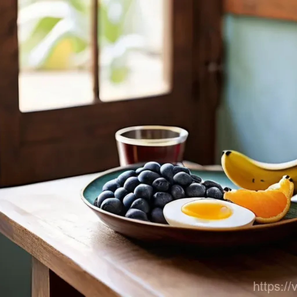 집중력 향상에 도움을 주는 음식 - **Prompt:** A vibrant and inviting breakfast scene set on a warm, rustic wooden dining table in a co...