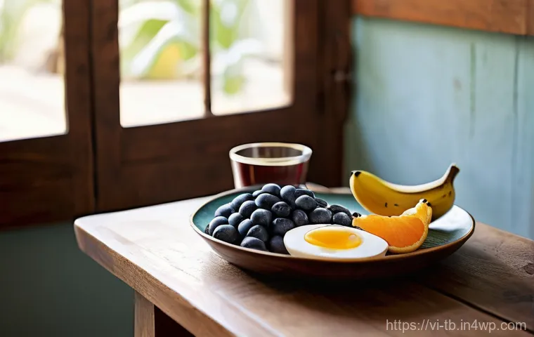 집중력 향상에 도움을 주는 음식 - **Prompt:** A vibrant and inviting breakfast scene set on a warm, rustic wooden dining table in a co...
