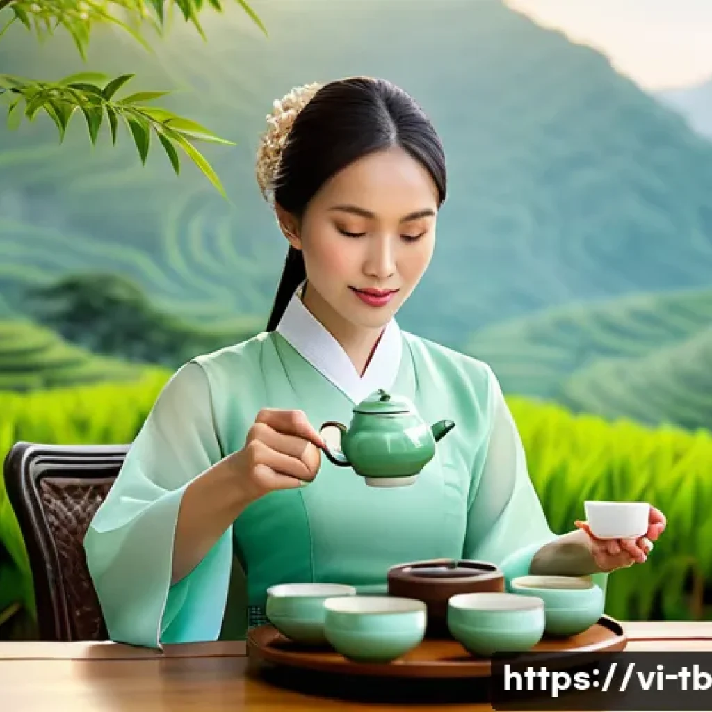 집중력 향상에 좋은 차 종류 - A serene Vietnamese tea ceremony setting featuring a young woman in traditional ao dai attire, sitti...