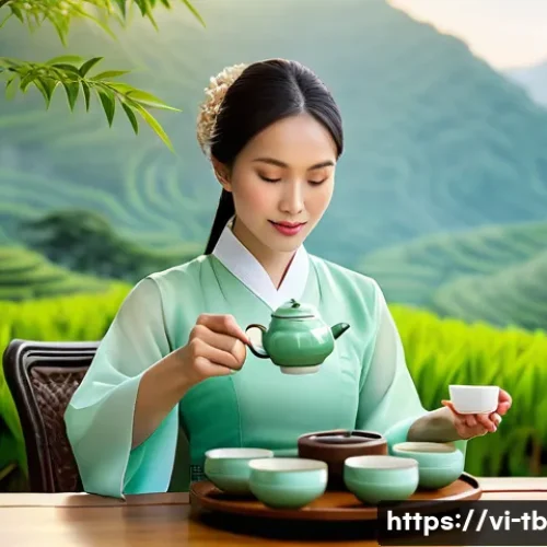 Home 33 집중력 향상에 좋은 차 종류 - A serene Vietnamese tea ceremony setting featuring a young woman in traditional ao dai attire, sitti...
