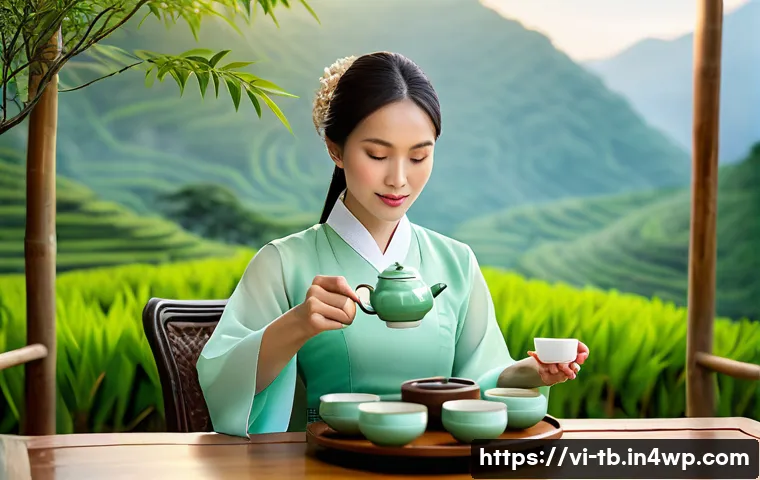 집중력 향상에 좋은 차 종류 - A serene Vietnamese tea ceremony setting featuring a young woman in traditional ao dai attire, sitti...