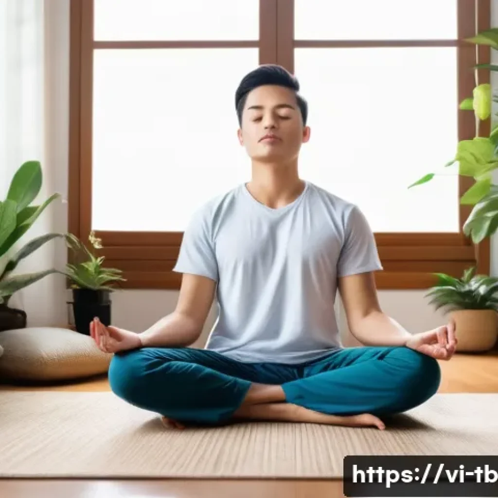 집중력 향상을 위한 최신 기술 활용법 - A modern Vietnamese home office setting in the morning, featuring a young adult meditating with eyes...