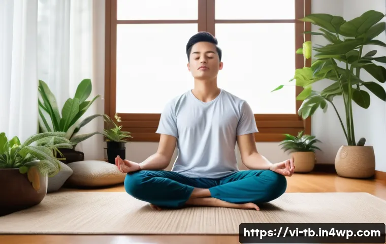 집중력 향상을 위한 최신 기술 활용법 - A modern Vietnamese home office setting in the morning, featuring a young adult meditating with eyes...