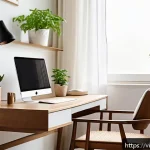 Home 18 집중력 강화를 위한 동기 부여 방법 - A bright and tidy home office setup in a Vietnamese apartment, featuring a minimalist wooden desk pl...