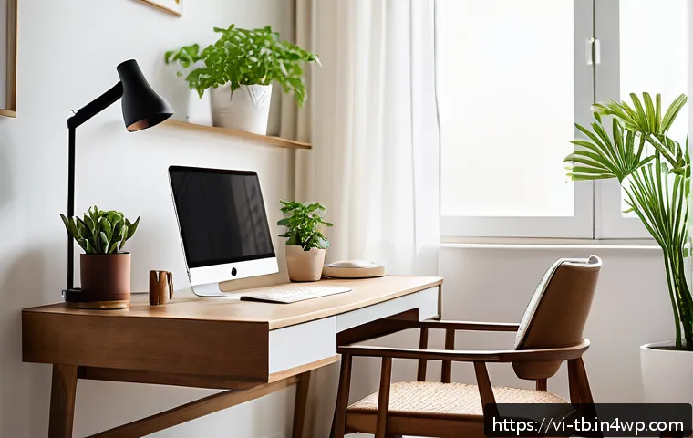집중력 강화를 위한 동기 부여 방법 - A bright and tidy home office setup in a Vietnamese apartment, featuring a minimalist wooden desk pl...