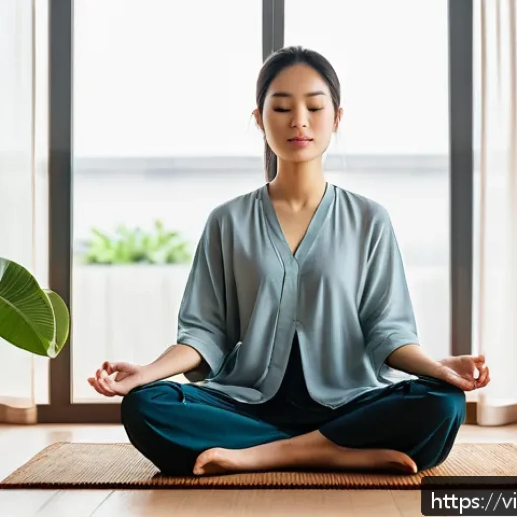 집중력을 높이는 뇌 운동법 - A serene morning meditation scene in a modern Vietnamese apartment with soft natural light filtering...