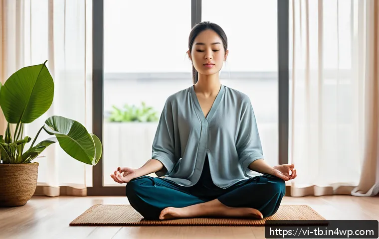 집중력을 높이는 뇌 운동법 - A serene morning meditation scene in a modern Vietnamese apartment with soft natural light filtering...
