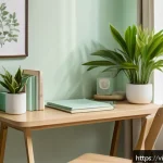 Home 21 집중력 향상에 필요한 긍정적인 환경 조성 - A serene, well-organized home office corner in a Vietnamese apartment, featuring a small wooden desk...