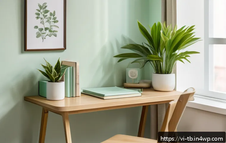 집중력 향상에 필요한 긍정적인 환경 조성 - A serene, well-organized home office corner in a Vietnamese apartment, featuring a small wooden desk...