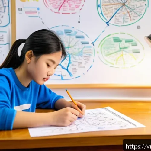 Home 32 집중력 향상을 위한 마인드 맵 활용법 - A vibrant and detailed scene showing a Vietnamese student sitting at a traditional wooden desk in a ...