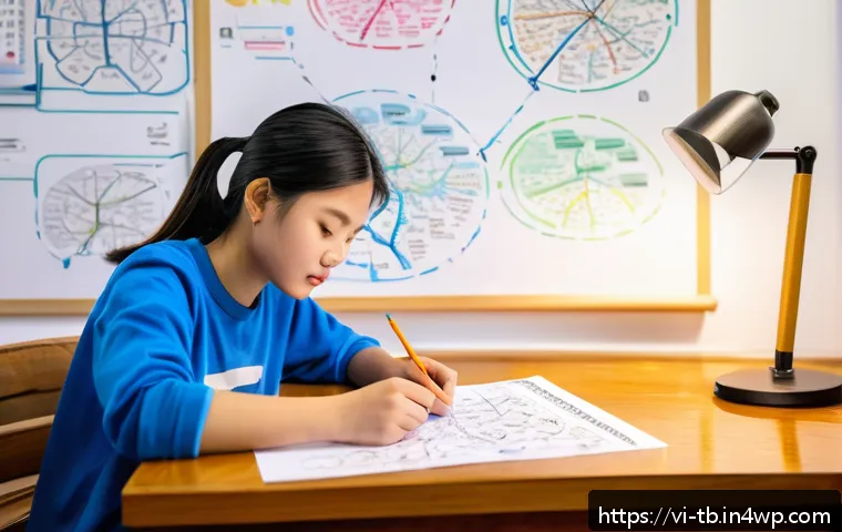 집중력 향상을 위한 마인드 맵 활용법 - A vibrant and detailed scene showing a Vietnamese student sitting at a traditional wooden desk in a ...