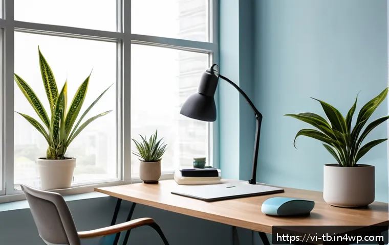 집중력 향상을 위한 환경 리셋 방법 - A modern, cozy home office corner in a Vietnamese apartment with large windows allowing abundant nat...