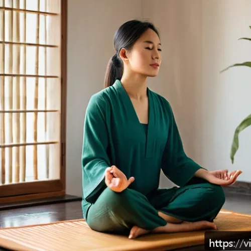 Home 30 명상으로 집중력을 높이는 방법 - A serene indoor meditation scene featuring a Vietnamese woman in her 30s sitting cross-legged on a s...