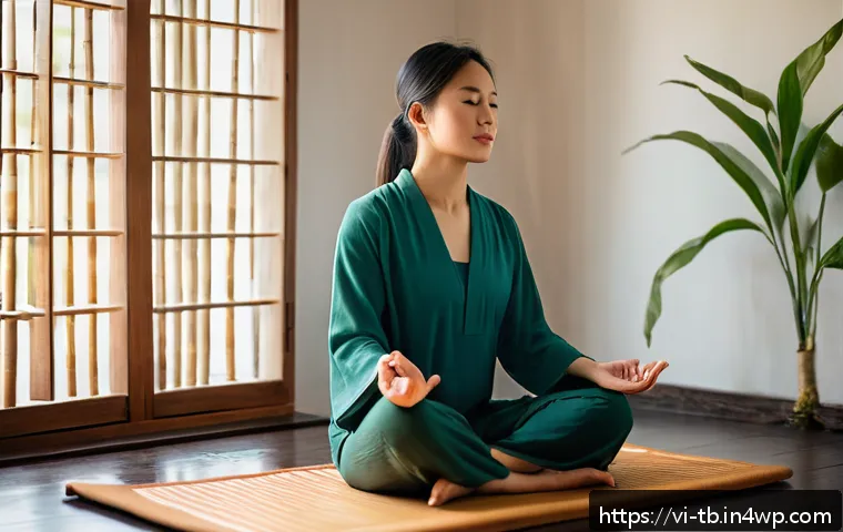 명상으로 집중력을 높이는 방법 - A serene indoor meditation scene featuring a Vietnamese woman in her 30s sitting cross-legged on a s...