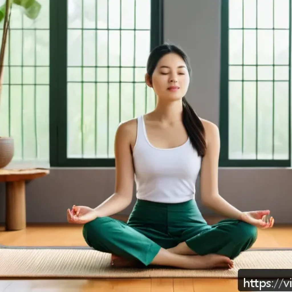 집중력 강화를 위한 마인드풀니스 기법 - A peaceful indoor meditation scene in a modern Vietnamese home: a young adult woman sitting cross-le...